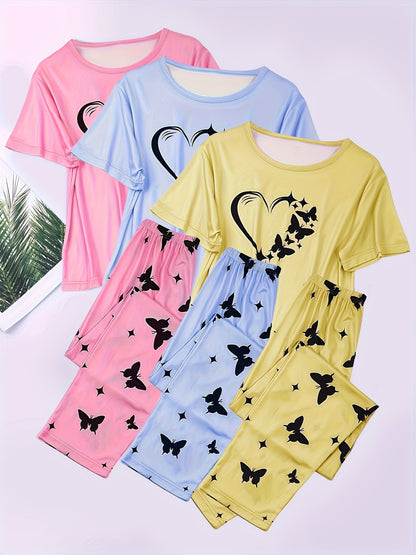 3-Pack Womens Heart Print Pajama Set - Soft Short Sleeve Crew Neck Tops & Elastic Waist Pants for Cozy Sleepwear & Lounging