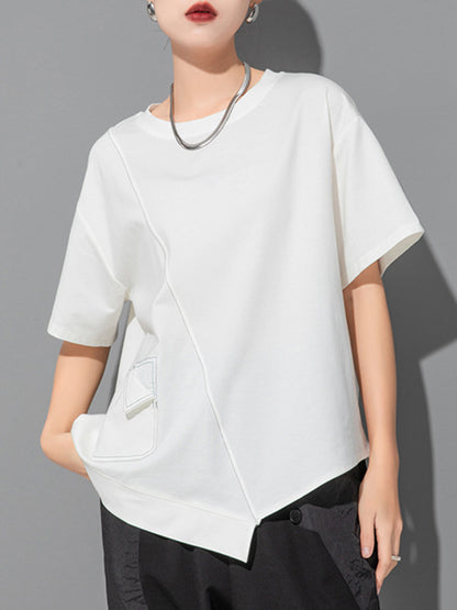 xakxx Loose Short Sleeves Asymmetric Solid Color Split-Joint Round-Neck T-Shirts Tops