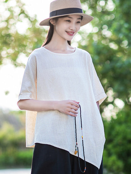 xakxx Artistic Retro Loose Linen Asymmetric T-Shirt Top