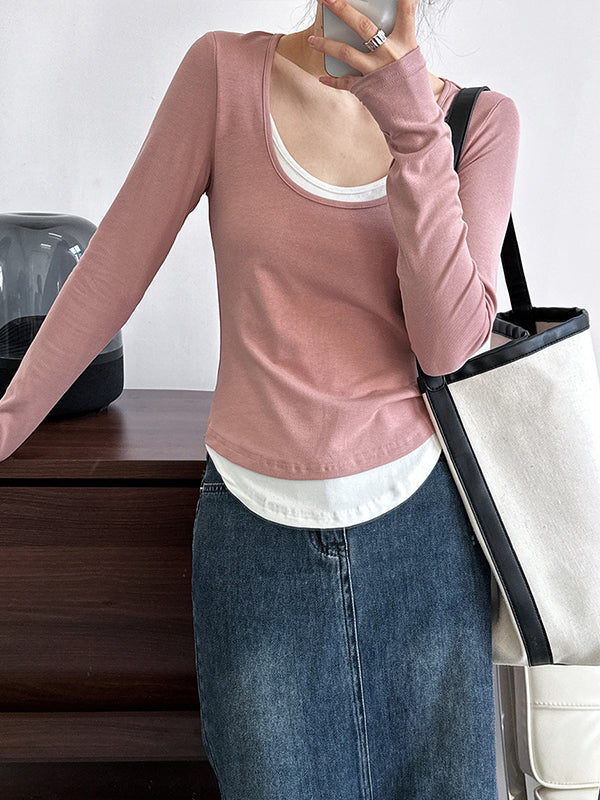 xakxx False Two Long Sleeves Contrast Color Round-Neck T-Shirts Tops