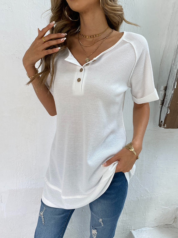 xakxx Loose Short Sleeves Buttoned Solid Color Split-Joint V-Neck T-Shirts Tops