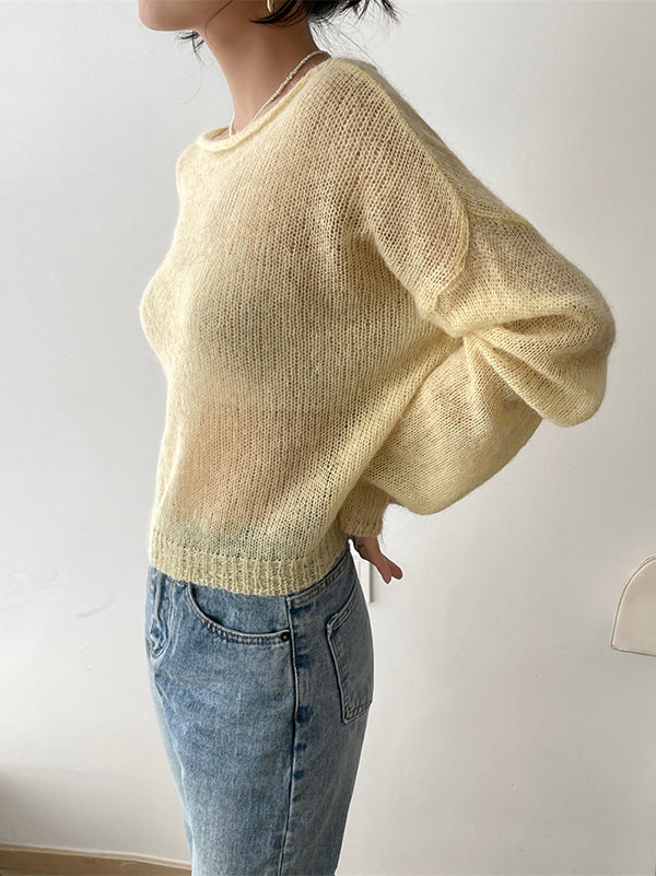 xakxx Gentle Mohair Knitted Loose Long Sleeves Solid Color Thin Sweater Tops