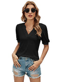xakxx Simple Solid Color V-Neck Puff Sleeves T-Shirt Top