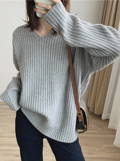 xakxx Casual Long Sleeves Loose Solid Color V-Neck Sweater Tops