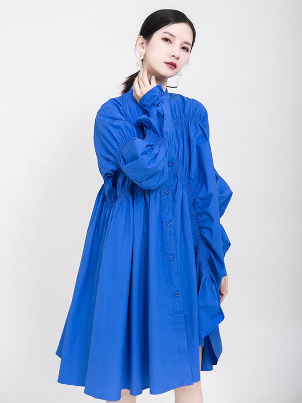 xakxx Blue Loose Pleated Cropped Blouse Dress