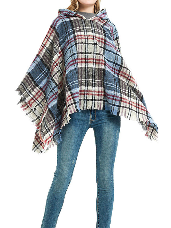 xakxx Fringed Hooded Keep Warm Plaid Cape Shawl&Cloak