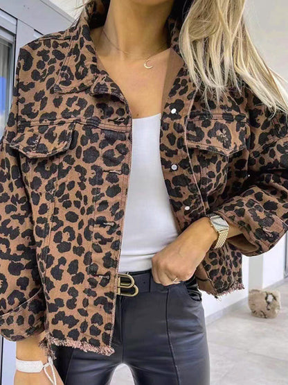 xakxx Long Sleeves Loose Buttoned Fringed Leopard Pockets Lapel Outerwear