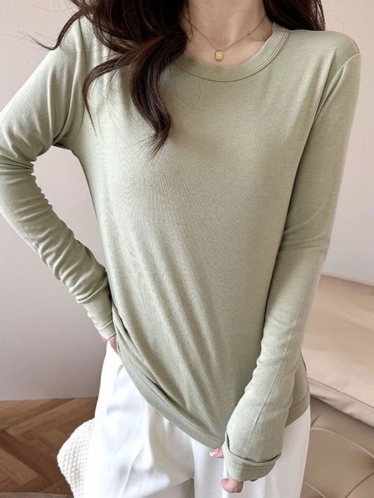 xakxx Long Sleeves Solid Color Round-Neck Skinny T-Shirts Tops