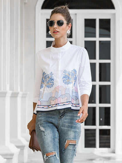 xakxx Casual Three-Quarter Sleeves Loose Embroidered Stand Collar Blouses&Shirts Tops