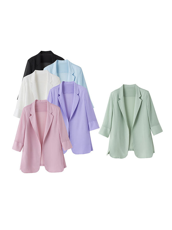 xakxx Long Sleeves Loose Solid Color Split-Side Sun Protection Notched Collar Blazer Outerwear