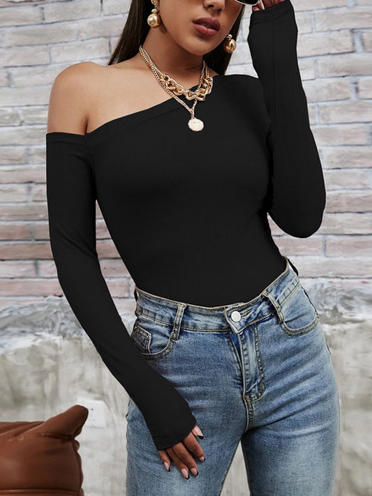 xakxx Long Sleeves Skinny Solid Color One-Shoulder T-Shirts Tops