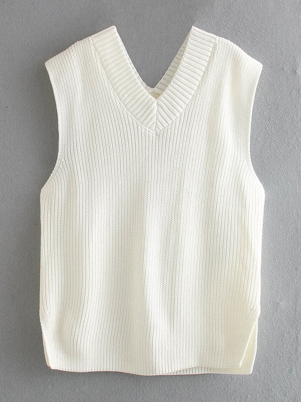 xakxx 4 Colors V-Neck Simple Split-Side Sleeveless Knitted Vest