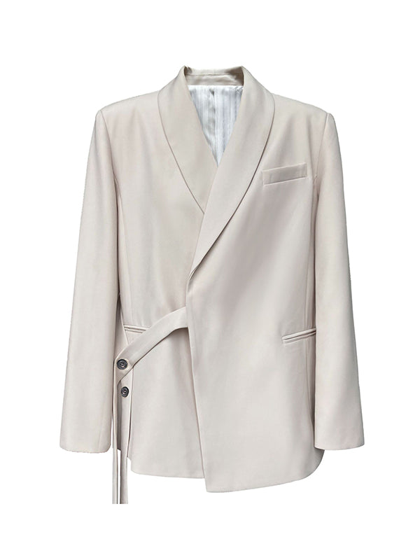 xakxx Long Sleeves Loose Asymmetric Buttoned Pockets Solid Color Tied V-Neck Blazer Outerwear