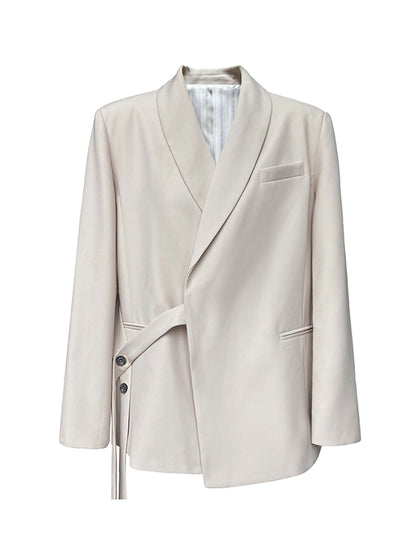 xakxx Long Sleeves Loose Asymmetric Buttoned Pockets Solid Color Tied V-Neck Blazer Outerwear