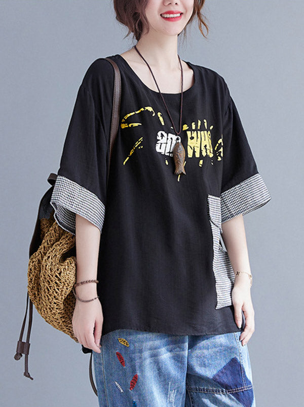 xakxx Original Letter Print Split-Joint Round-Neck T-Shirts Tops