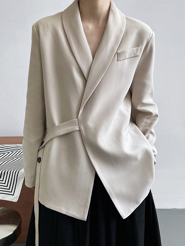 xakxx Long Sleeves Loose Asymmetric Buttoned Pockets Solid Color Tied V-Neck Blazer Outerwear