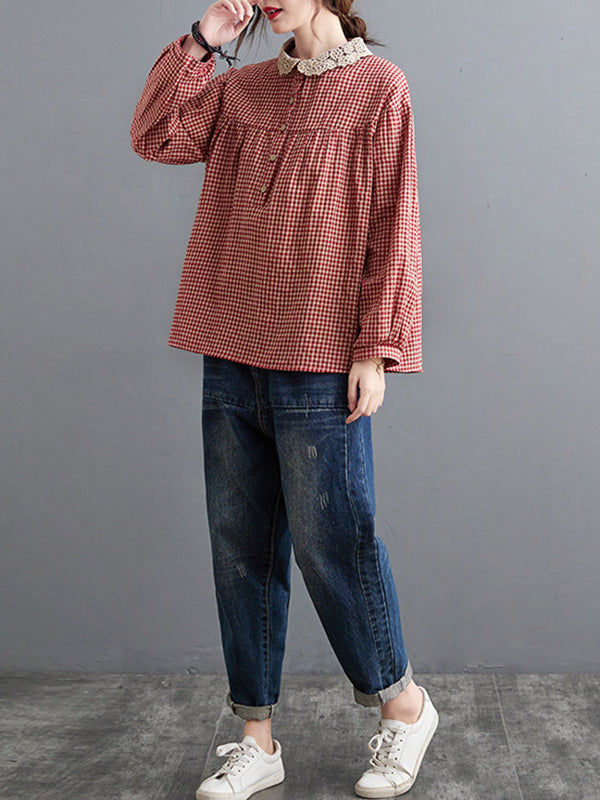 xakxx Plaid Ramie Cotton Plus Szie Long Sleeve Shirts