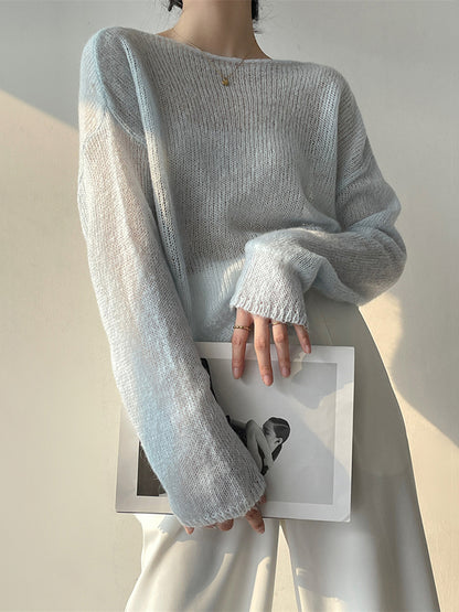 xakxx Gentle Mohair Knitted Loose Long Sleeves Solid Color Thin Sweater Tops