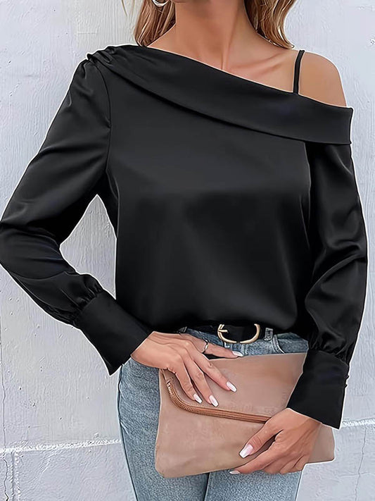 xakxx Long Sleeves Loose Asymmetric Solid Color One-Shoulder T-Shirts Tops