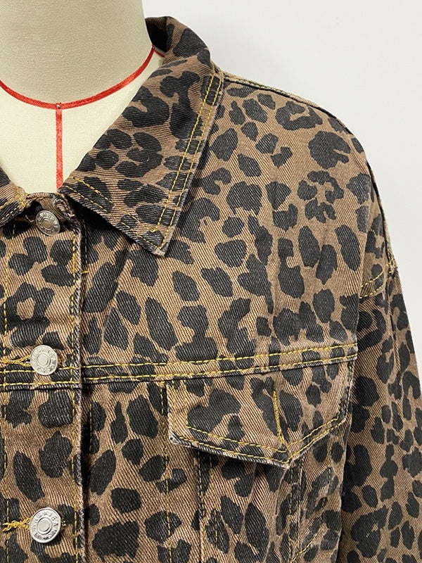 xakxx Long Sleeves Loose Buttoned Fringed Leopard Pockets Lapel Outerwear