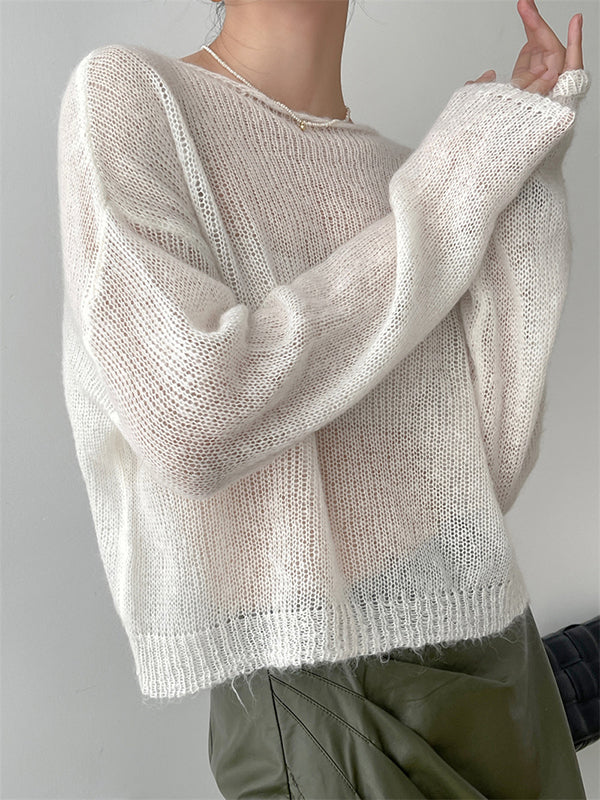 xakxx Gentle Mohair Knitted Loose Long Sleeves Solid Color Thin Sweater Tops