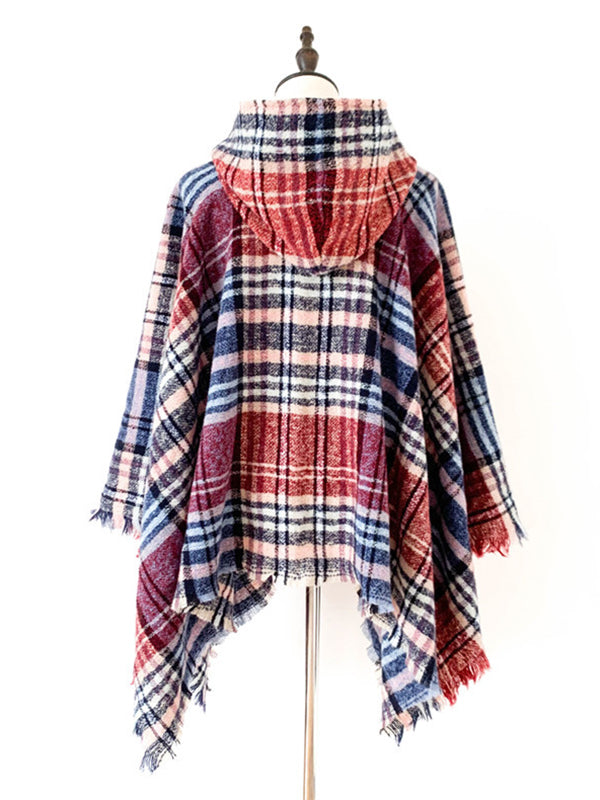 xakxx Fringed Hooded Keep Warm Plaid Cape Shawl&Cloak