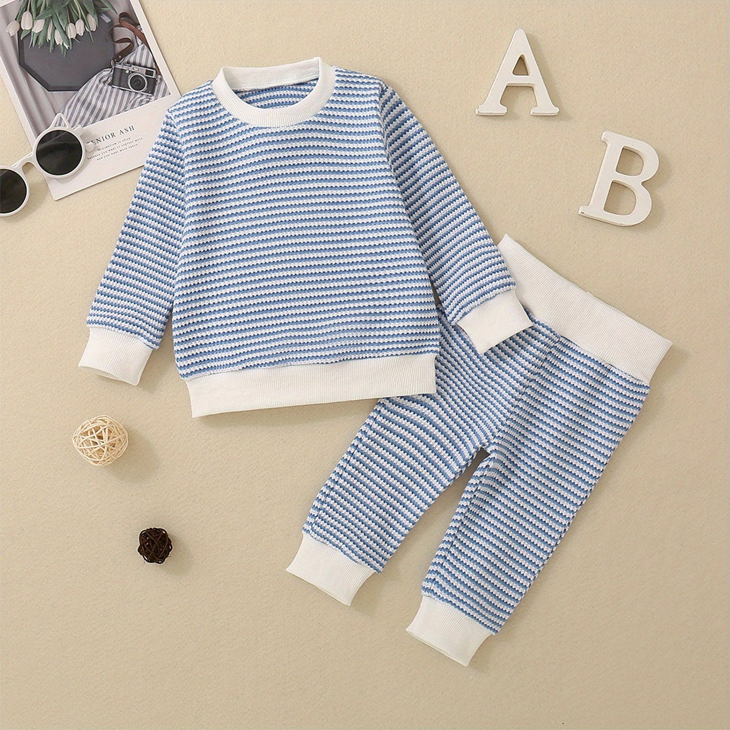 2-Piece Toddler Layette Set - Soft Waffle Stripe Long Sleeve Sweatshirts and Cozy Long Pants for Baby Boys Fall Outfits - 3M-3T Size, Comfortable and Adorable Clothing for Daily Wear