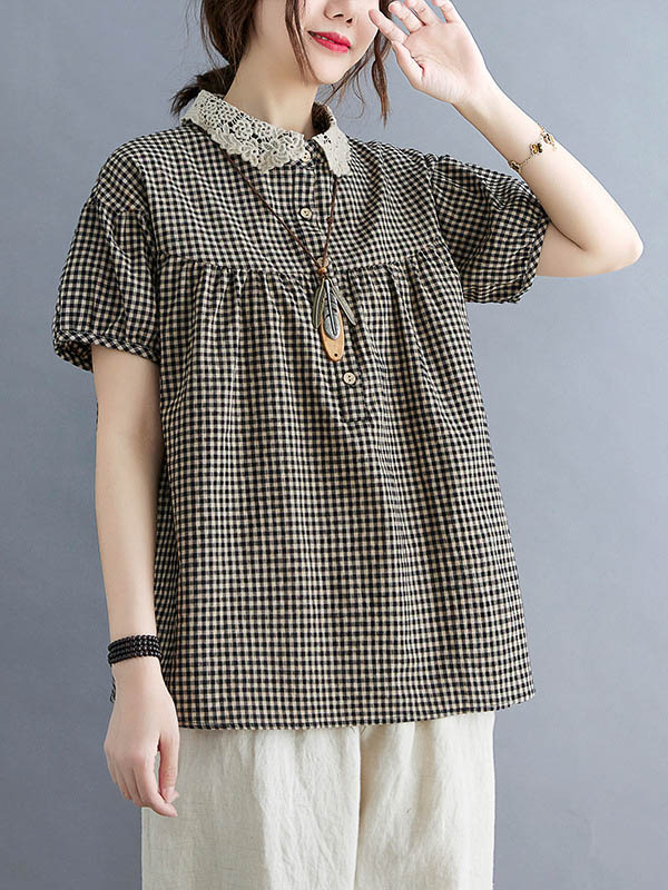 xakxx Cotton Blend Plaid Polo Puff Sleeve T-Shirts Tops