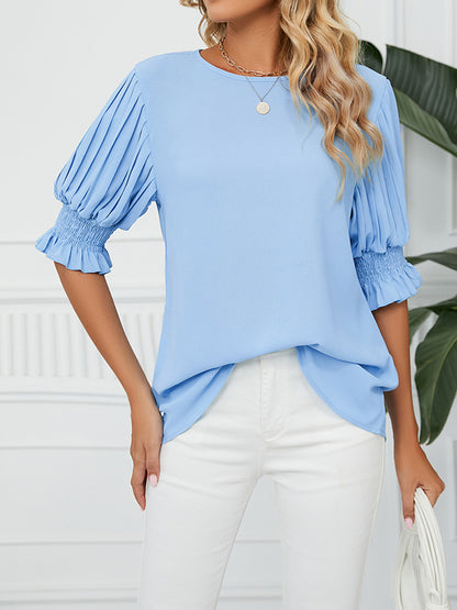 xakxx Loose Puff Sleeves Pleated Solid Color Round-Neck T-Shirts Tops