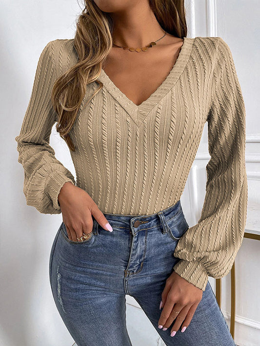 xakxx Long Sleeves Puff Sleeves Solid Color V-Neck T-Shirts Tops