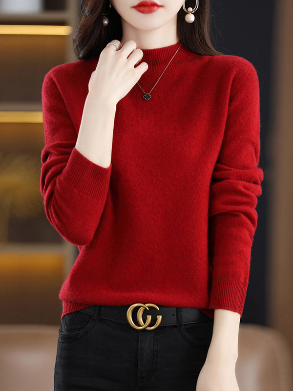 xakxx Office Long Sleeves Solid Color High-Neck Sweater Tops Pullovers