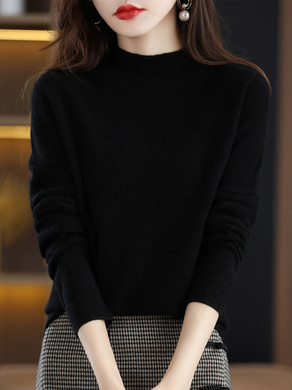 xakxx Office Long Sleeves Solid Color High-Neck Sweater Tops Pullovers