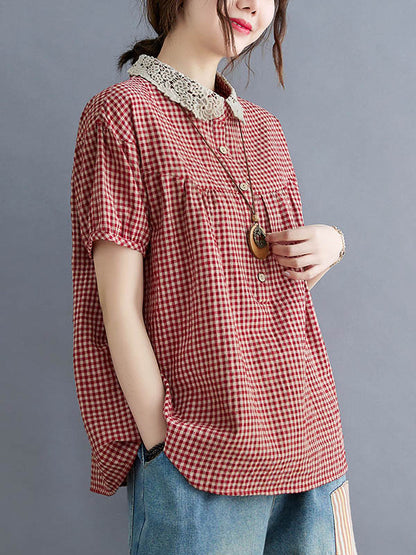 xakxx Cotton Blend Plaid Polo Puff Sleeve T-Shirts Tops