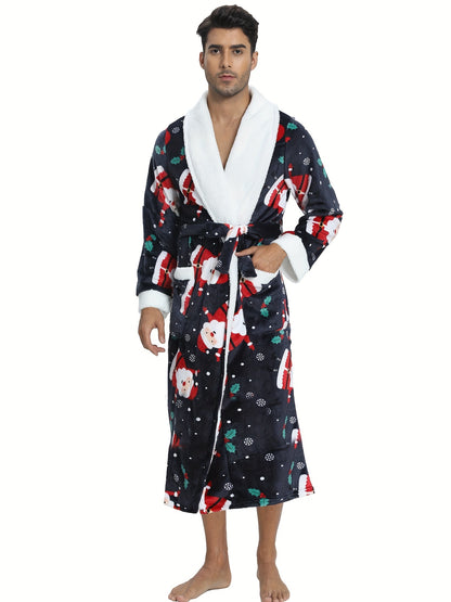 Men's Christmas Gift & Animal Print Flannel Bathrobe, Casual Morning Gown Comfy Home Clothes, Holiday Gift