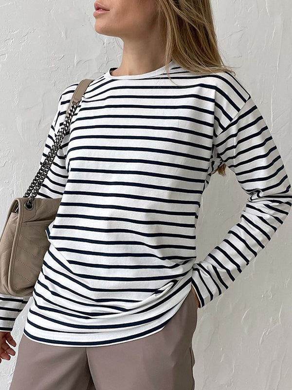 xakxx Long Sleeves Loose Striped Round-Neck T-Shirts Tops