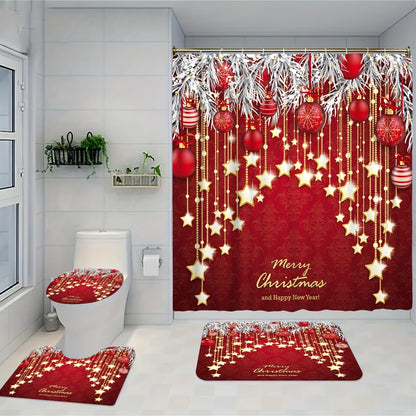 1/3/4pcs Red Background Christmas Style Bathroom Shower Curtain Four-piece Set, Decoration Curtain With 12 Hooks, Toilet Three-piece Set, Non-Slip Bathroom Rug, Toilet U-Shape Mat, Toilet Lid Cover Pad