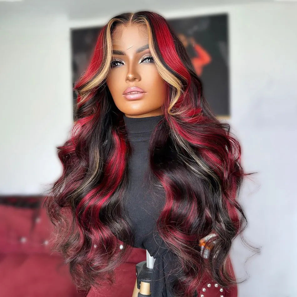 Brazilian Human Hair Highlight Blonde Wig Piano Red Colored Body Wave Lace Front Wig 13x4 Synthetic Lace Frontal Wig Natural Hairline