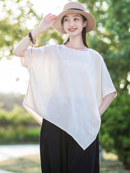 xakxx Artistic Retro Loose Linen Asymmetric T-Shirt Top