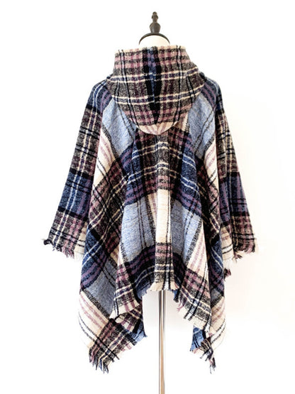 xakxx Fringed Hooded Keep Warm Plaid Cape Shawl&Cloak