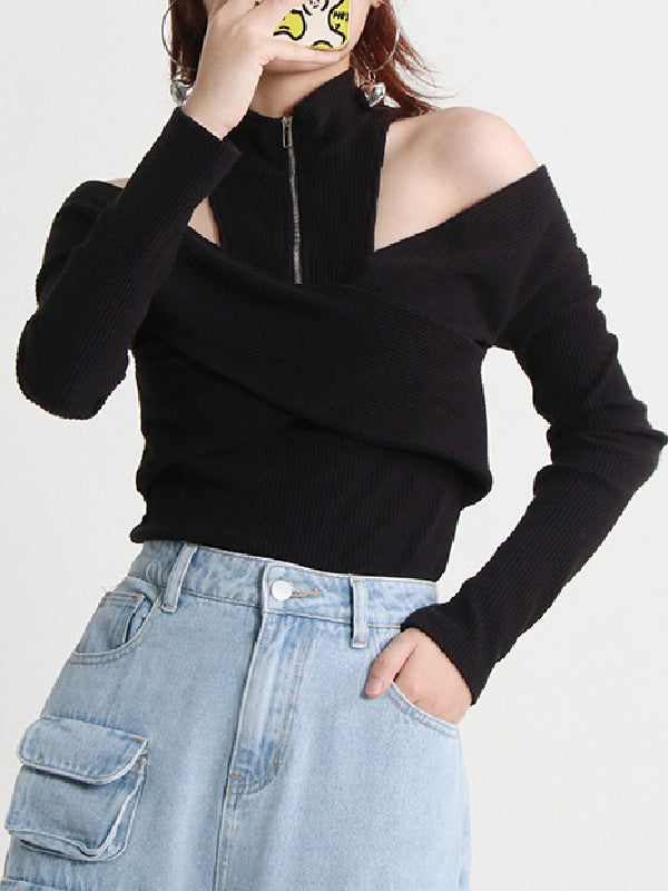 xakxx Long Sleeves Skinny Hollow Split-Joint Zipper High-Neck Pullovers Sweater Tops