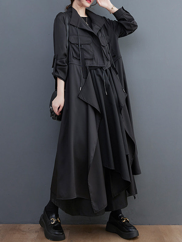 xakxx Loose Long Sleeves Drawstring Split-Joint Lapel Trench Coats