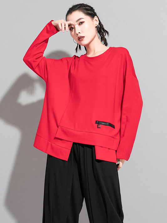 xakxx Solid Color Asymmetric Split-Joint Zipper Loose T-Shirt