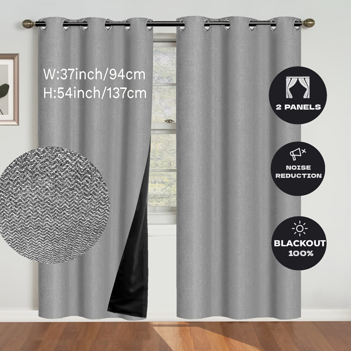 2 Panels Blackout Linen Textured Curtain - Panels with Polyester Coated Insulation, Grommet Top, Bedroom and Living Room Decor, Room Darkening, Energy Saving, and Noise Reducing Functions