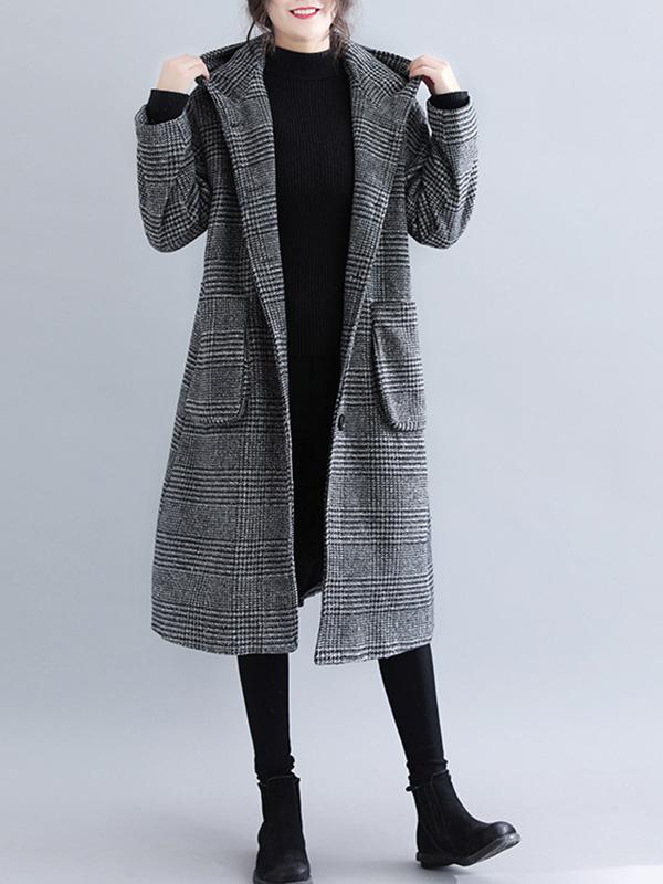 xakxx Loose Plaid Woolen Hood Coat