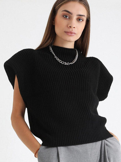 xakxx Casual Cap Sleeve Solid Color High-Neck Sweater Tops Pullovers