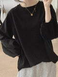 xakxx Long Sleeves Loose Pleated Solid Color Round-Neck T-Shirts Tops