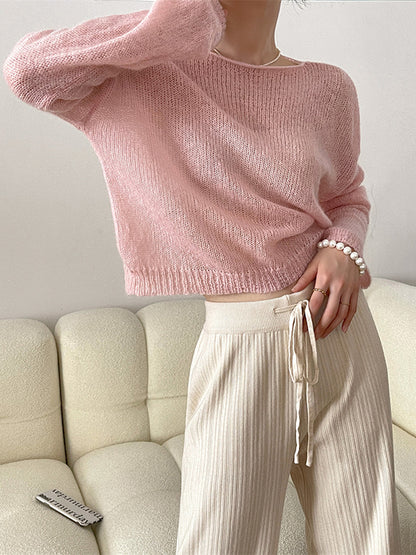 xakxx Gentle Mohair Knitted Loose Long Sleeves Solid Color Thin Sweater Tops