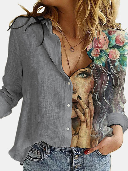 xakxx Stylish Asymmetric Floral Printed Lapel Long Sleeves Blouse Tops