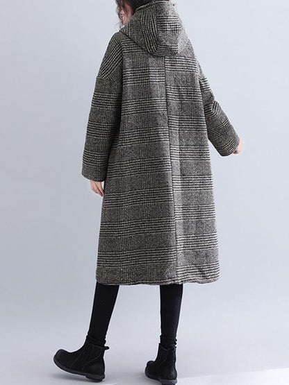 xakxx Loose Plaid Woolen Hood Coat