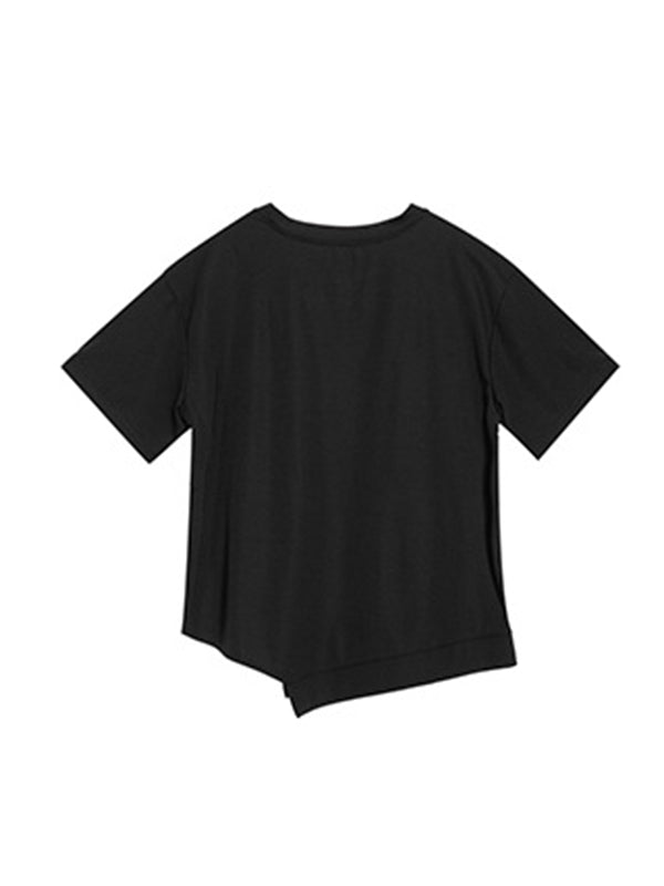 xakxx Loose Short Sleeves Asymmetric Solid Color Split-Joint Round-Neck T-Shirts Tops